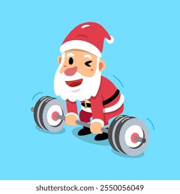 Personaje de dibujos animados de Vector de Santa Claus haciendo entrenamiento de pesas con barra para el diseño.