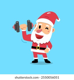 Personaje de dibujos animados de Vector de Santa Claus haciendo entrenamiento con pesas con mancuernas para el diseño.