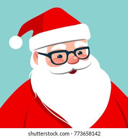 Vector cartoon Santa Claus character portrait illustration. Friendly smiling  Santa wearing eyeglasses isolated on aqua blue. Christmas  holiday design element for posters, cards, banners, flat style