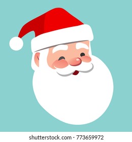 Vector cartoon Santa Claus character portrait illustration. Friendly smiling winking Santa isolated on aqua blue. Christmas winter holiday design element for posters, cards, banners
in flat style