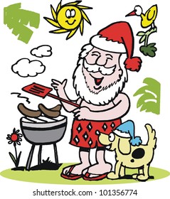 Vector cartoon of Santa Claus cooking meal on barbecue