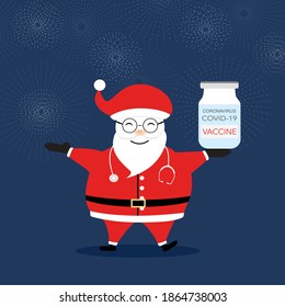 Vector - Cartoon Santa Claus doctor show a bottle glass of Vaccine for Coronavirus (Covid-19) on dark blue with fireworks. Antivirus. Special gift. Healthcare, Season greeting concept.