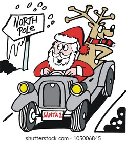 Vector cartoon of Santa Claus driving old vintage automobile