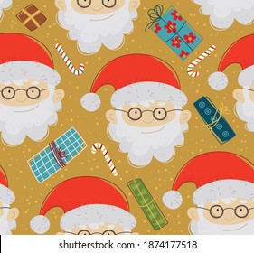 Vector Cartoon Santa Claus with gifts. Seamless Christmas pattern.  Winter background for fabric, textile, wallpaper, posters, gift wrapping and paper, napkins. Print for kids, children