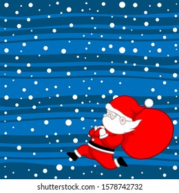 Vector cartoon Santa Claus in a good mood carrying a gift bag running to give away during the Christmas season  In the snow is falling  Blue background