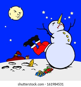 Vector cartoon of Santa Claus involve in an occupational accident while delivering gifts on Christmas night.
