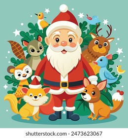 Vector cartoon santa claus with many animals