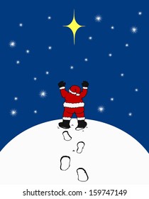 Vector Cartoon of Santa Claus on a snowy hilltop consulting the North Star for navigational direction.