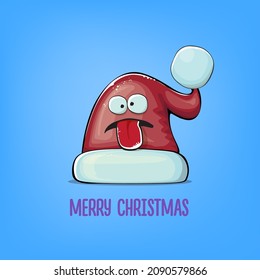 Vector cartoon Santa Claus red hat with smile face isolated on blue background. Childrens Merry Christmas greeting card with funny monster Santa hat. Santa red hat