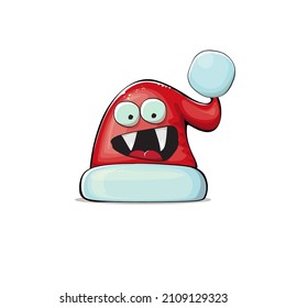 Vector cartoon Santa Claus red hat with smile face isolated on white background. Childrens Merry Christmas greeting card with funny monster Santa hat. Santa red hat