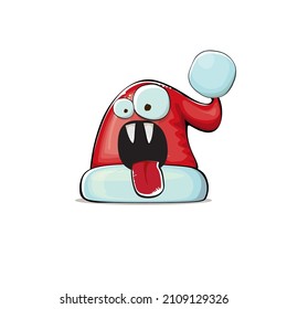 Vector cartoon Santa Claus red hat with smile face isolated on white background. Childrens Merry Christmas greeting card with funny monster Santa hat. Santa red hat