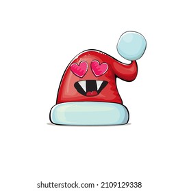 Caricatura vectorial Santa Claus sombrero rojo con la cara de sonrisa aislado en fondo blanco. Niños Feliz tarjeta de felicitación navideña con divertido sombrero monstruo de Santa. Sombrero rojo de Santa María