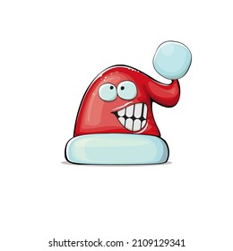 Vector cartoon Santa Claus red hat with smile face isolated on white background. Childrens Merry Christmas greeting card with funny monster Santa hat. Santa red hat