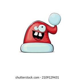 Vector cartoon Santa Claus red hat with smile face isolated on white background. Childrens Merry Christmas greeting card with funny monster Santa hat. Santa red hat