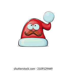 Vector cartoon Santa Claus red hat with smile face isolated on white background. Childrens Merry Christmas greeting card with funny monster Santa hat. Santa red hat