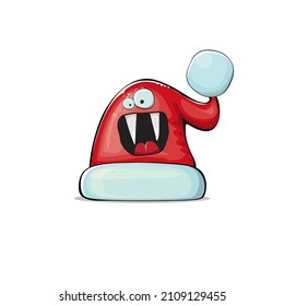Vector cartoon Santa Claus red hat with smile face isolated on white background. Childrens Merry Christmas greeting card with funny monster Santa hat. Santa red hat