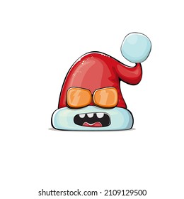 Vector cartoon Santa Claus red hat with smile face isolated on white background. Childrens Merry Christmas greeting card with funny monster Santa hat. Santa red hat