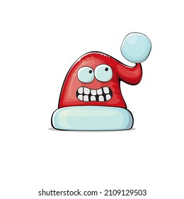 Vector cartoon Santa Claus red hat with smile face isolated on white background. Childrens Merry Christmas greeting card with funny monster Santa hat. Santa red hat