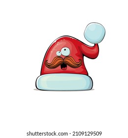 Vector cartoon Santa Claus red hat with smile face isolated on white background. Childrens Merry Christmas greeting card with funny monster Santa hat. Santa red hat