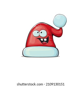 Vector cartoon Santa Claus red hat with smile face isolated on white background. Childrens Merry Christmas greeting card with funny monster Santa hat. Santa red hat