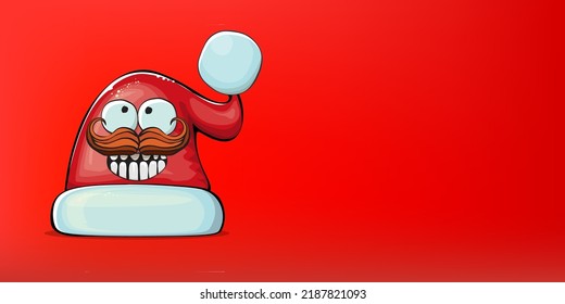 Vector cartoon Santa Claus red hat with smile face isolated on christmas red horizontal bannner background. Childrens Merry Christmas greeting card with funny monster Santa hat. Santa red hat