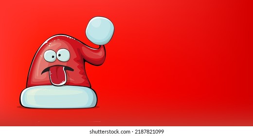 Vector cartoon Santa Claus red hat with smile face isolated on christmas red horizontal bannner background. Childrens Merry Christmas greeting card with funny monster Santa hat. Santa red hat