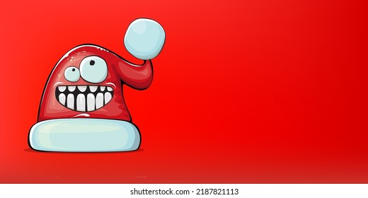 Vector cartoon Santa Claus red hat with smile face isolated on christmas red horizontal bannner background. Childrens Merry Christmas greeting card with funny monster Santa hat. Santa red hat