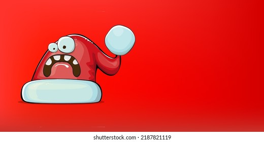 Vector cartoon Santa Claus red hat with smile face isolated on christmas red horizontal bannner background. Childrens Merry Christmas greeting card with funny monster Santa hat. Santa red hat