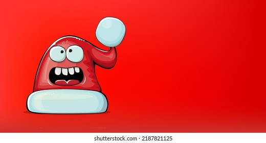 Vector cartoon Santa Claus red hat with smile face isolated on christmas red horizontal bannner background. Childrens Merry Christmas greeting card with funny monster Santa hat. Santa red hat