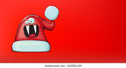 Vector cartoon Santa Claus red hat with smile face isolated on christmas red horizontal bannner background. Childrens Merry Christmas greeting card with funny monster Santa hat. Santa red hat