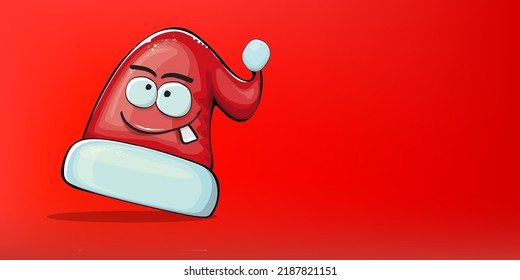 Vektorgrafik Weihnachtsmütze mit Lächeln Gesicht einzeln auf haufenrotem, horizontalem Bannerhintergrund. Kinder Frohe Weihnachten Grußkarte mit lustigem Monster Weihnachtsmütze. Weihnachtsmütze