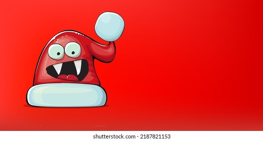 Vector cartoon Santa Claus red hat with smile face isolated on christmas red horizontal bannner background. Childrens Merry Christmas greeting card with funny monster Santa hat. Santa red hat