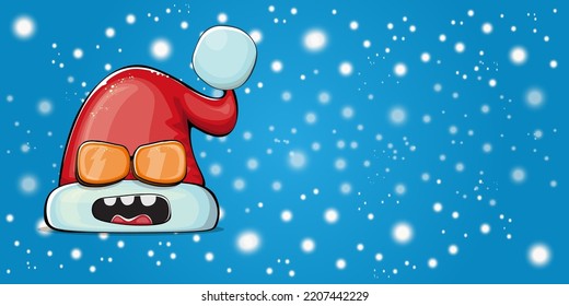 Vector cartoon Santa Claus red hat with smile face isolated on christmas blue horizontal bannner background with snow. Childrens Merry Christmas greeting card with funny monster Santa hat. Santa hat