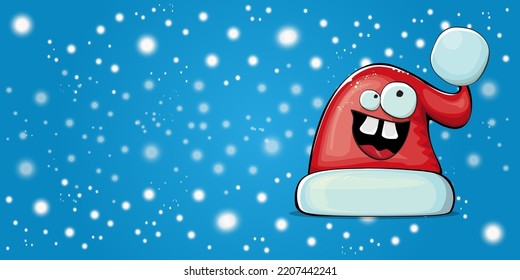 Vector cartoon Santa Claus red hat with smile face isolated on christmas blue horizontal bannner background with snow. Childrens Merry Christmas greeting card with funny monster Santa hat. Santa hat