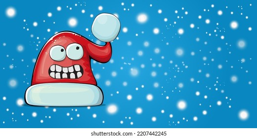 Vector cartoon Santa Claus red hat with smile face isolated on christmas blue horizontal bannner background with snow. Childrens Merry Christmas greeting card with funny monster Santa hat. Santa hat