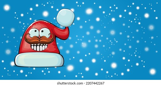 Vector cartoon Santa Claus red hat with smile face isolated on christmas blue horizontal bannner background with snow. Childrens Merry Christmas greeting card with funny monster Santa hat. Santa hat