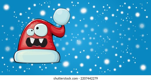 Vector cartoon Santa Claus red hat with smile face isolated on christmas blue horizontal bannner background with snow. Childrens Merry Christmas greeting card with funny monster Santa hat. Santa hat