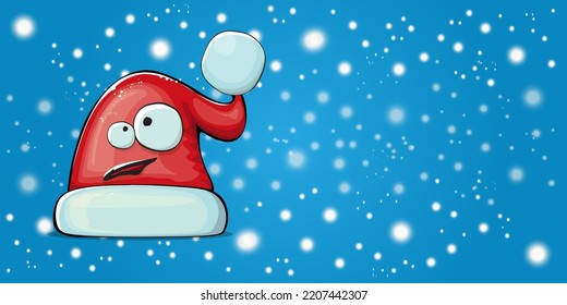 Caricatura vectorial Santa Claus sombrero rojo con la cara de sonrisa aislado en el fondo azul de la bandera horizontal con nieve. Niños Feliz tarjeta de felicitación navideña con divertido sombrero monstruo de Santa. Sombrero