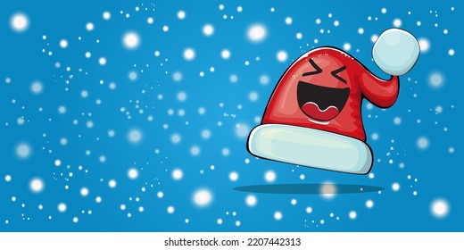 Vector cartoon Santa Claus red hat with smile face isolated on christmas blue horizontal bannner background with snow. Childrens Merry Christmas greeting card with funny monster Santa hat. Santa hat