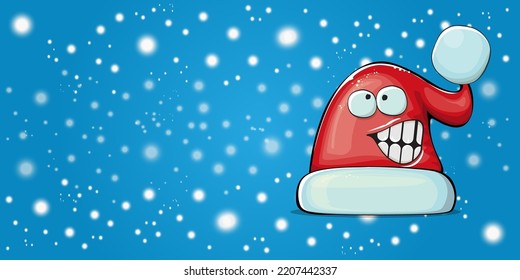 Vector cartoon Santa Claus red hat with smile face isolated on christmas blue horizontal bannner background with snow. Childrens Merry Christmas greeting card with funny monster Santa hat. Santa hat