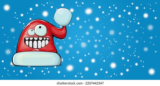 Vektorgrafik Weihnachtsmütze mit Lächeln, einzeln auf hellblauem, horizontalem Bannerhintergrund mit Schnee. Kinder Frohe Weihnachten Grußkarte mit lustigem Monster Weihnachtsmütze. Weihnachtsmütze