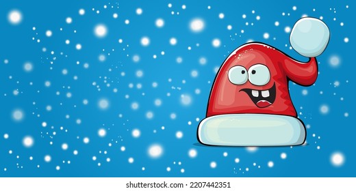 Vector cartoon Santa Claus red hat with smile face isolated on christmas blue horizontal bannner background with snow. Childrens Merry Christmas greeting card with funny monster Santa hat. Santa hat
