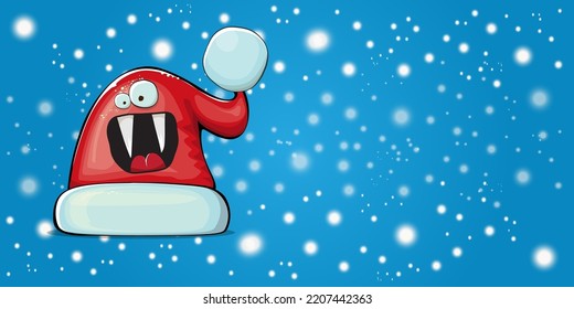 Vector cartoon Santa Claus red hat with smile face isolated on christmas blue horizontal bannner background with snow. Childrens Merry Christmas greeting card with funny monster Santa hat. Santa hat