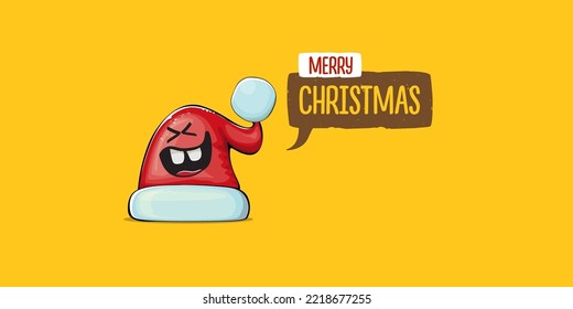 Vector cartoon Santa Claus red hat with smile face isolated on orange horizontal bannner background. Merry Christmas greeting banner with funny monster Santa Claus hat. Santa hat