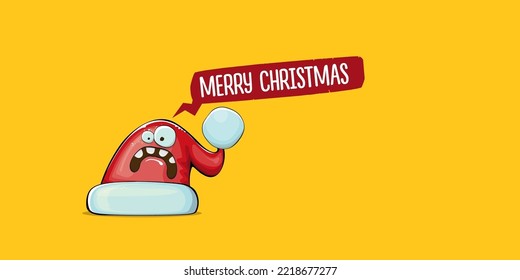 Vector cartoon Santa Claus red hat with smile face isolated on orange horizontal bannner background. Merry Christmas greeting banner with funny monster Santa Claus hat. Santa hat