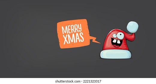 Vektorgrafik Weihnachtsmütze mit Lächeln Gesicht einzeln auf grauem, horizontalem Bannerhintergrund. Frohe Weihnachten Grußbanner mit lustigem Monster Weihnachtsmütze. Weihnachtsmütze