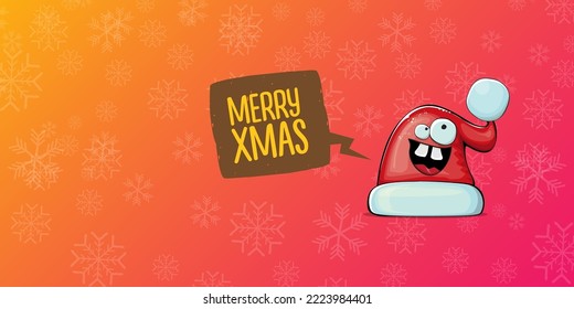 Vector cartoon Santa Claus red hat with smile face isolated on pink horizontal bannner background with snowflakes. Merry Christmas greeting banner with funny monster Santa Claus hat. Santa hat