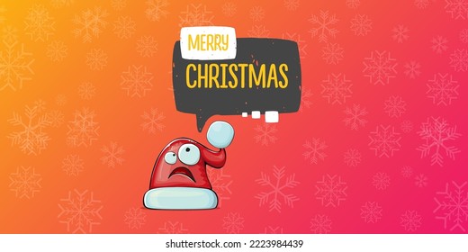 Vector cartoon Santa Claus red hat with smile face isolated on pink horizontal bannner background with snowflakes. Merry Christmas greeting banner with funny monster Santa Claus hat. Santa hat