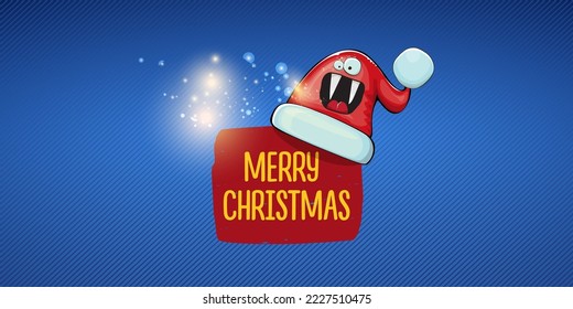 Vector cartoon Santa Claus red hat with smile face isolated on blue horizontal bannner background with lights. Merry Christmas greeting banner with funny monster Santa Claus hat. Santa hat