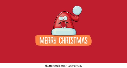 Caricatura vectorial Santa Claus sombrero rojo con la cara de sonrisa aislado en el fondo de un cartel horizontal rojo. Feliz banner de saludo de Navidad con divertido sombrero monstruo de Santa Claus. Sombrero